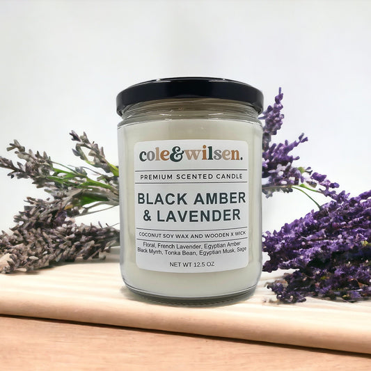 Black Amber & Lavender Candle with Wooden X Wick